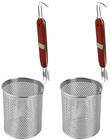 2 Stück Mikroperforiertes Edelstahl Nudelsieb, 12 cm Nudelkorb mit Holzgriff, Pasta Abseihlöffel, Tiefes Küchensieb für Knödel, Spaghetti, Obst, Knödel, Lebensmittel