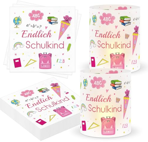 30 Stück Servietten Einschulung + 10 Stück Windlicht Tischdeko Einschulung, Servietten Schulanfang Mädchen Junge Deko Einschulung Tisch, Servietten Endlich Schulkind Tischdeko Schulanfang (Rosa)