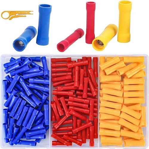 Cable Connector Set, 200 Pieces Crimp Connector Kit, 0.5-6 mm² Cable Lugs in Red/Yellow/Blue, with Wire Stripper