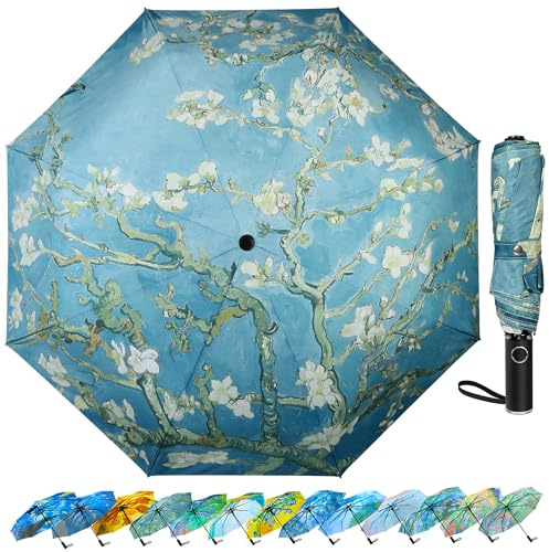 Ucrinei Van Gogh Folding Umbrella, Travel Umbrella with Starry Night Design, Auto Open & Close - Portable Compact Umbrella - Lightweight & Packable for Women & Men (Blooming Apricot Flower)