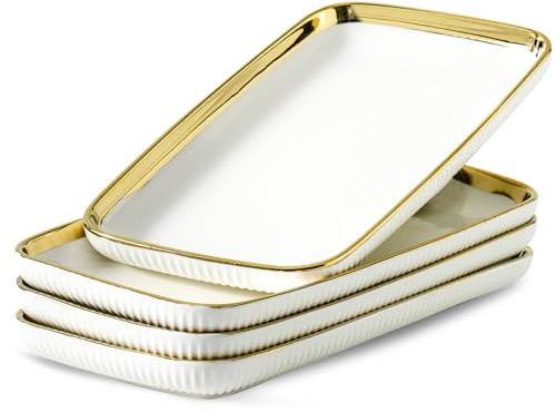 LETAOTAO Serving Platters, Ceramic Serving Platters Set of 4, 12 Inch Rectangular Serving Trays Dishes for Party Entertaining, White Dinner Plates with Gold Trim for Sushi Desserts Appetizers Salad