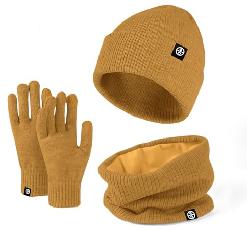 Baynetin Mütze Schal & Handschuh-Sets 3in1 Unisex BeanieMütze Touchscreen Handschuhe und Loop Schal Set mit Weiches Fleecefutter für Outdoor Sport Joggen Skifahren (Gelb)