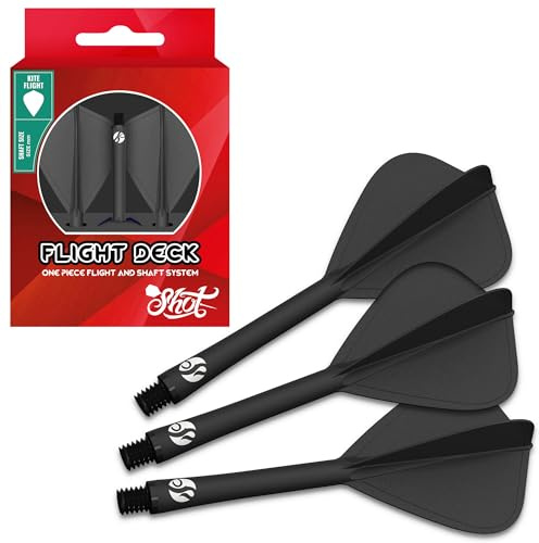 Shot! Darts Flight Deck One Piece Dart Flight and Shaft System, Reduced Deflections, Kite Shaped Flight Black (350 Micron) Available in Set of 3