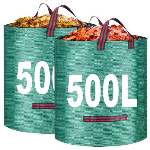 Woobroo Garden Waste Bags, 2 Packs 500L Heavy Duty Garden Bags, Reusable Waterproof Garden Sacks with Handles, Ideal for Collecting Plant Waste Grass and Leaves