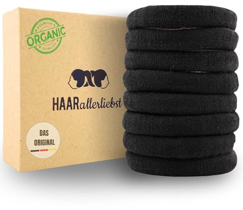 Haarallerliebst Haargummi Damen 8er Set – Haargummis soft ohne Metall aus Bio-Baumwolle & Naturkautschuk – Zopfgummi schwarz für starken Halt – Schonend zu Haar & Umwelt