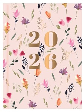 2026 A5 Diary Week to View - Pink Floral Casebound Hardcover Planner - Stylish Portable Organiser Notebook - Student Work Business Travel Diary Gift