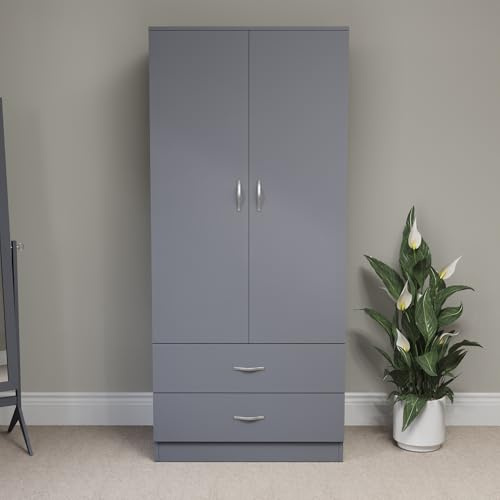 Vida Designs Riano 2 Door 2 Drawer Wardrobe | Grey | 170 H x 76 W x 53 D | Anti-Tip Kit | Space-Saving Design | Clothes Hanging Rail | Internal Shelf | Large Storage | Modern Bedroom Furniture