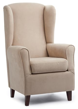 Sillonea – Sillón Orejero Torre Eiffel con Respaldo Alto. Tapizado en Tela Antimanchas y Patas Nogal. Ideal para Salón o Zona de Lectura (120x75x85 cm) [Beige]