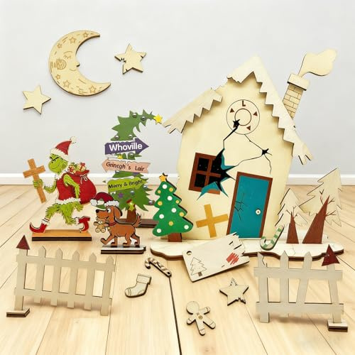 Oizemori Grinch Wichtel Zubehör Set Wichteltür Weihnachten DIY Türset | Weihnachtswichtel Set mit zerstörtem Haus, Grinch Szene & Max Hund für magische Deko
