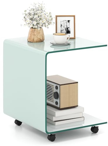 COSTWAY Mesas Auxiliares de Cristal, 45 x 45 x 41 cm, 2 Formas, Mesas de Centro Pequeñas, Mesa Auxiliar Salon Sofa de Vidrio Templado, Mesa para Café (Blanco,con Ruedas)