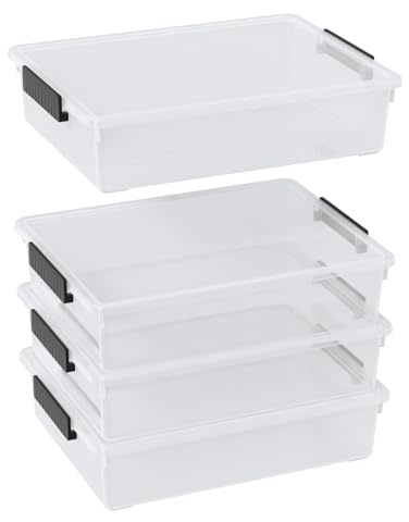 Begale 6 Quart Clear Plastic Storage Bins with Latching Lids, 4-Pack Stackable Storage Box Containers for A4 Paper Document Craft