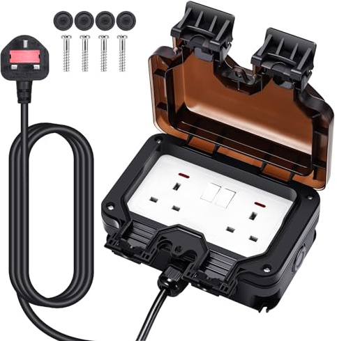 Outdoor Plug Sockets Waterproof Extension Cable Double Outside Plug Socket | Outdoor Switched Power Plug Socket Electrical Outlet Cover Box with 3m Extension Lead for Wall Garden, 13Amp 2 Gang (Black)