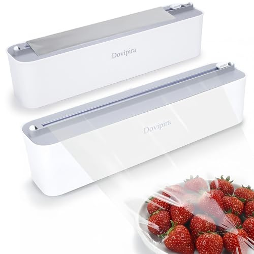 Dovipira 2 Pack Magnetic Plastic Wrap and Foil Dispenser with Cutter, Upgrade Large Size Fits Max 12.8In x 984Ft Cling Film, Adhesive Wall Mounted Aluminum Foil and Wrap Organizer Holder for Kitchen
