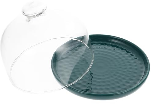 Hoement Assiette à Dessert Ronde 15 Cm en Verre Transparent Couvercle Vert, Plateau à Gâteau Multifonction pour Présentation de Pâtisseries et Rangement, Support Alimentaire la Cuisine