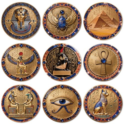 ANATTASOUL Egyptian Elements Wood Coasters Set of 9 for Coffee Table | Home Decor,3.9 Round,Vintage,Colorful Wooden Cup Mat,Funny Desk Coasters,for Apartment,Office,Bar,Kitchen,Gifts