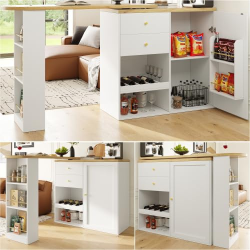 vutizal Tavolo girevole con porta scorrevole, altezza XX cm, isola da cucina mobile su ruote con 2 cassetti, 3 livelli e vano armadio in bianco, per angolo cottura e sala da pranzo (dimensioni totali