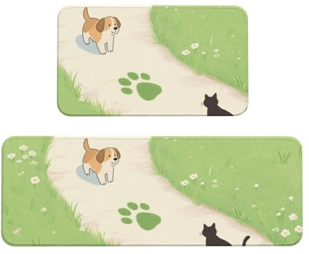 Dog Cat Foot Prints Kitchen Rugs Set of 2, Cushioned Anti-Fatigue Kitchen Mats for Floor, Waterproof Comfort Standing Mat Absorbent Velvet Kitchen Runner Rugs 17x30+17x47
