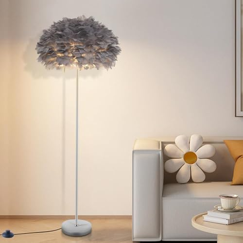 XINYASEE Feder Stehlampe,Weiße/grau Feder Stehleuchte,Modernes Stehlampe für Schlafzimmer Wohnzimmer,Dimmbare Stehleuchte mit Feder Schirm,Minimalistische Standleuchte für Wohnzimmer Dekoration (Grau)