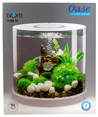 biOrb TUBE 15 LED, weiß - 360-Grad Deko-Aquarium / Komplett-Set aus Acryl-Glas mit LED-Beleuchtung, Filter-System und Boden-Keramik