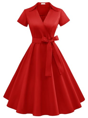 Timormode klänning 50-tal Audrey Hepburn Rockabilly Swing, veckad kortärmad klänning, Färg: röd