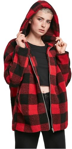 Urban Classics Vinterjacka för kvinnor, oversized check sherpajacka med huva, skogshuggare, rutmönster, storlek XS till 5XL, Flerfärgad (Firered/Blk 01440), M
