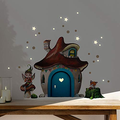 Elfentür Wichteltür Feentür Wandtattoo Pilzhaus kleiner Wichtel Fuchs im Wald + Leuchtsticker e35 - ausgewählte Farbe: *türkise Holztür*