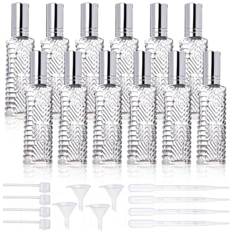 YU FENG 12pcs Perfume Bottles Empty Clear Glass Atomizer Spray Bottles Empty Refillable for Perfume Essential Oil,Packed with Funnels Pipettes Dispensers Engraved Taj Mahal Style（13ml）