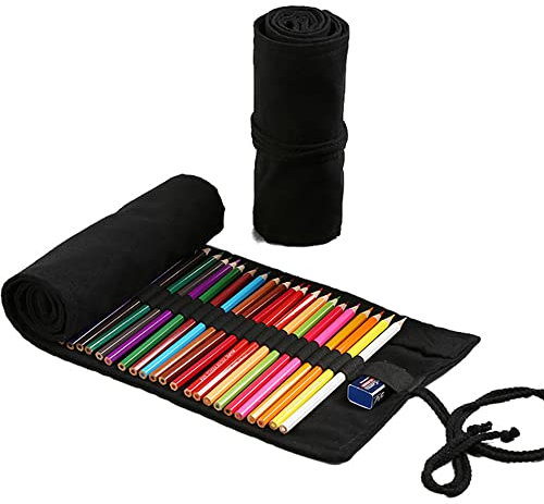 Duories 48 Löcher Handgefertigter Canvas-Bleistiftwickel,Unisex Federmäppchen Pencil Case Bleistift Wrap Kasten Bleistifthalter Schreibwarenbeutel Bleistift Beutel für Künstler Schule Büro,Schwarz