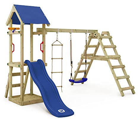 WICKEY Spielturm Klettergerüst TinyLoft mit Schaukel & Blauer Rutsche, Outdoor Kinder Kletterturm mit Sandkasten, Leiter & Spiel-Zubehör für den Garten