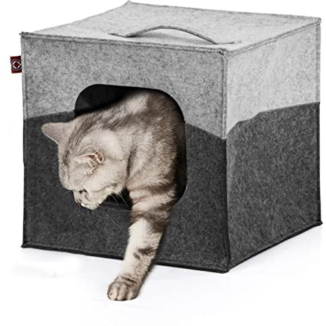 CanadianCat Company | Katzenhöhle Katzenbox aus Filz, passend für IKEA Regal Kallax und Expedit, Katzenhaus inkl. 2-Funktion-Wendekissen, hellgrau/dunkelgrau, ca. 33 x 33 x 33 cm