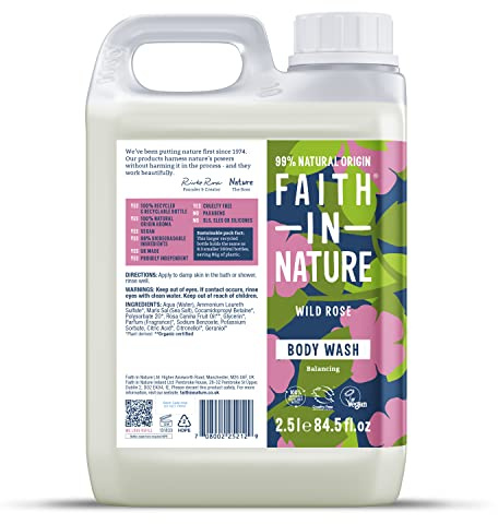 Faith In Nature Natural Wild Rose Body Wash, Balacing Shower Gel, Vegan & Cruelty Free, No SLS or Parabens, 2.5L Refill