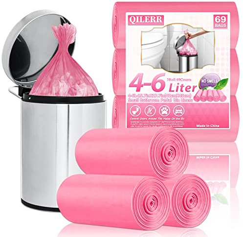 QILERR 4-6L Bin Bags Small Bin Liners 69 Counts Thick Plastic Waste Bags Pedal Trash Bag for Bathroom, Kitchen, Office, Fit 4, 5, 6L Rubbish Bin, Pink