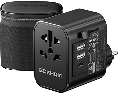 BOKHOM Worldwide Travel Adapter with Universal Socket and 3 USB (2 USB-A & 1 TYPE-C) Plug Adaptor for US UK EU CN All in One Universal Earthed International Travel Adaptor 10A Fuse