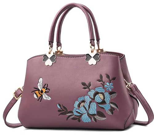 VARLIVOO Elegant Damen Handtaschen Stickerei Schultertaschen Frauen Umhängetasche Taschen Reisen Shopper Taschen Damen Taschen Crossbody Bag Arbeit Reisen PU Leder Lila A