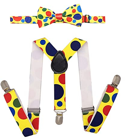 SUNTRADE barn barn klämma på prick hängslen elastisk Y-form justerbar med klämmor och fluga set för pojkar och flickor, Gul-regnbåge, Fit 6 Months - 7 Years children