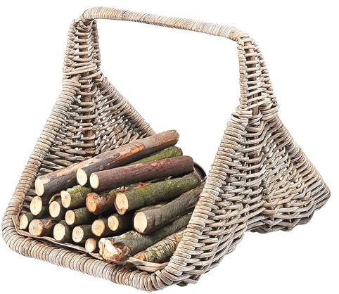 Kobolo Holztrage Holzkorb für Kaminholz Rattan mit Leinenstoff Kubu Grey