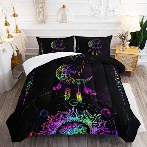 AILONEN Moon Comforter Set Queen Size, Black Galaxy Bohemian Bedding Set,Celestial Bedding Mandala Bed in a Bag Duvet Set,Colorful Starry Comforter Sets 3 Pieces, 1 Quilt and 2 Pillowcases