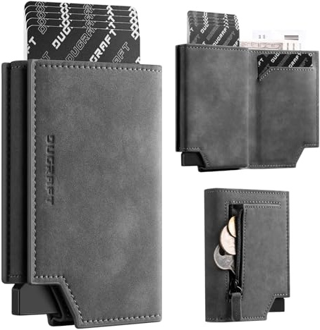 DUGRAFT Tvåfaldig plånbok för män, tunn läderplånbok med dragkedja, dragkedja, magnetisk myntficka, RFID-blockering, grå, 11 x 7.11 x 1.91 cm, Minimalistisk