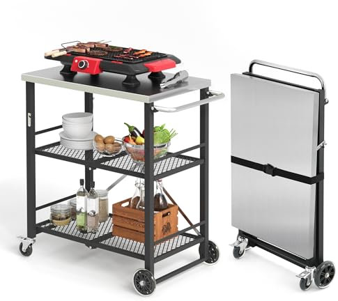 LUE BONA Carrito plegable para parrilla al aire libre con 2 ruedas de bloqueo total, soporte de horno de pizza de acero inoxidable, mesa de barbacoa rodante y 3 estantes isla de cocina plegable, color