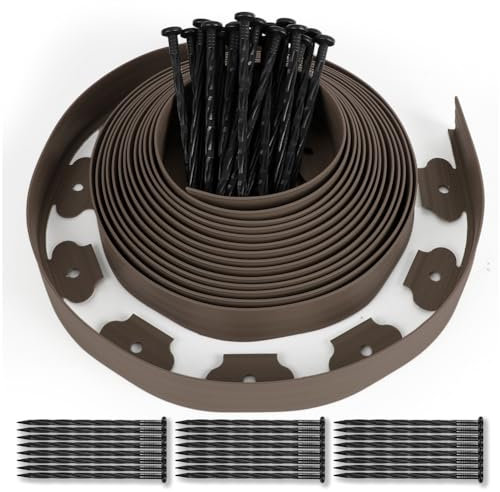 EUBSWA - Recinzione da giardino in plastica, 10 m, con 50 picchetti, per pavimentazione, altezza 5 cm, spessore 4 mm, colore marrone