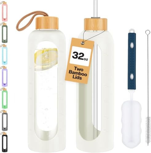 OxyFlask Botella de agua de vidrio de 32 onzas, botella de agua motivacional con marcador de tiempo y funda de silicona, vaso de vidrio reutilizable con popote y dos tapas de bambú (crema)