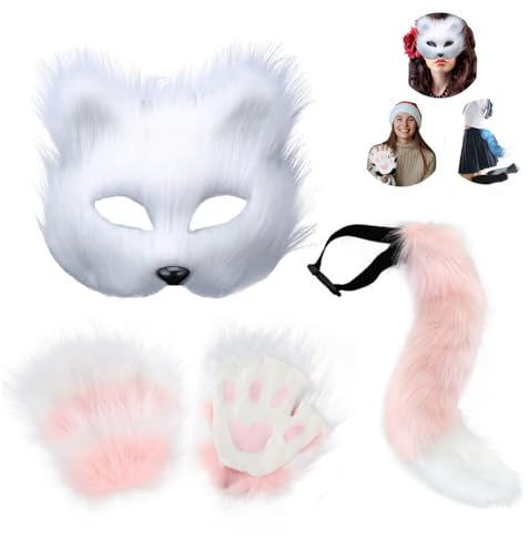 Halloween Kunstpelz Fuchsschwanz Fuchs Maske und Pfoten Handschuhe Set,Tierschwanz Pelzige Katze Fuchs Maske Plüsch Fuchs Cosplay Kostüme Wolfsschwanz Fuchsschwanz für Erwachsene Cosplay Rollenspiele