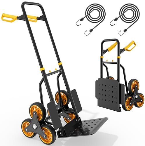 YITAHOME Faltbarer Treppensteiger mit 6x φ15,2 cm Großen Industrierädern, Höhenverstellbarer Stahl Sackkarre mit Stark Greifenden Leisen Rädern, 150 kg Kapazität Inkl. 2x Gummiseil