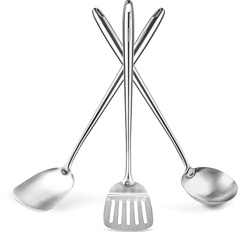 YOSUKATA Wok Spatel Slev och Stekspade 43 cm - Köksredskap Set i Rostfritt Stål - Premium Wokspatel Wokslev och Stekspatel - Matlagningsverktyg och Tillbehör - Högkvalitativa Wokverktyg - Woktillbehör