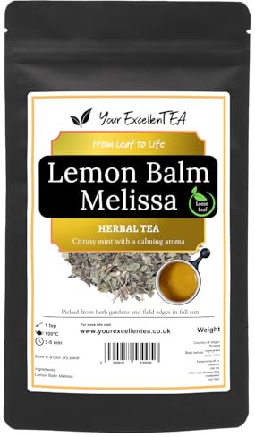 Lemon Balm Melissa Loose Leaf Herbal Tea, Mild & Lemon-Fresh, 150g | Pure melissa leaves- a soft caffeine free herbal cup for evening drinking, served hot or iced, packed in a resealable pouch.