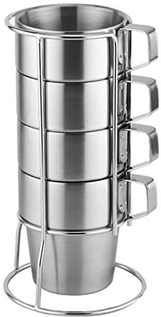 HERCHR Lot De 4 Tasses à Café en Acier Inoxydable avec Support De Rangement, Ensemble De Tasses à Café Empilables avec Support, Tasse à Café Isolée Empilable à Double Couche pour L'extérieur