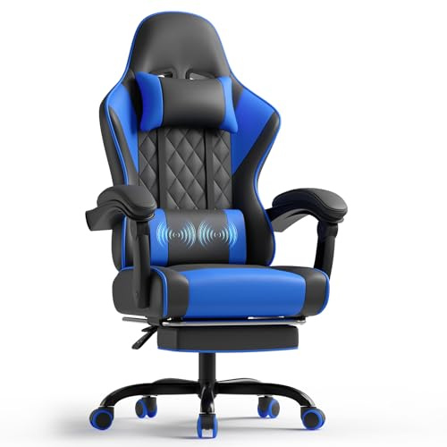 TRIUMPHKEY Gaming Stuhl mit Lendenwirbel massagekissen, Ergonomischer Bürostuhl mit ausziehbarer Fußstütze, Kopfstütze, GamingStuhl mit 90-135°Verstellbarer Rückenlehne, 150kg Tragkraft, Blau