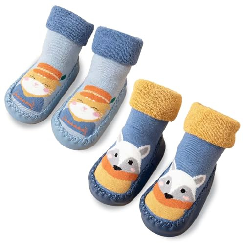 Baby Warm First Walking Shoes Slippers Socks Shoes Girls Boys Anti Slip Soft Newborn 2 Pairs(Fox Lion, 6-12 Month)