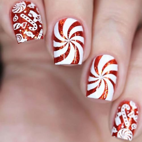 TELAIN Lot de 24 faux ongles courts carrés en acrylique avec motif flocon de neige - Couverture complète à paillettes