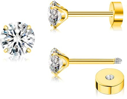 ZDE Titan Damen flache Ohrringe für Frauen Zirkonia Ohrstecker flache zurück Ohrringe hypoallergen Knorpel Flatback Ohrring Tragus Helix Tragus Conch Piercing (Gold, 3mm)